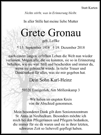 Traueranzeige von Grete Gronau von Die Glocke
