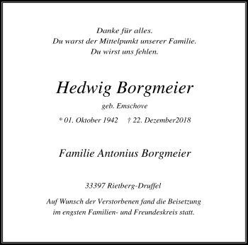 Traueranzeige von Hedwig Borgmeier von Die Glocke