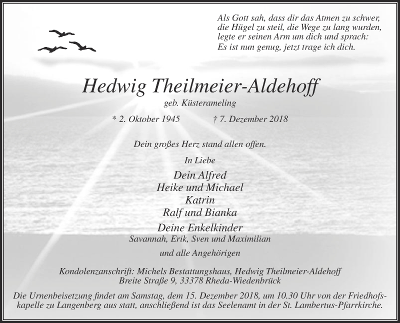  Traueranzeige für Hedwig Theilmeier-Aldehoff vom 12.12.2018 aus Die Glocke