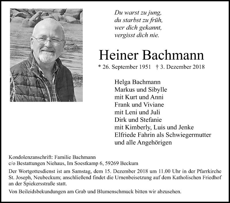  Traueranzeige für Heiner Bachmann vom 08.12.2018 aus Die Glocke