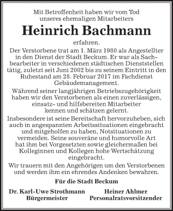 Traueranzeige von Heinrich Bachmann von Die Glocke