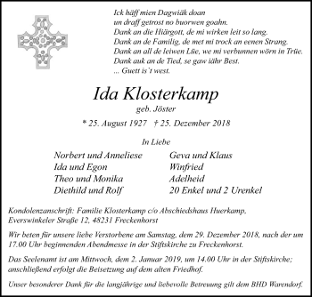 Traueranzeige von Ida Klosterkamp von Die Glocke