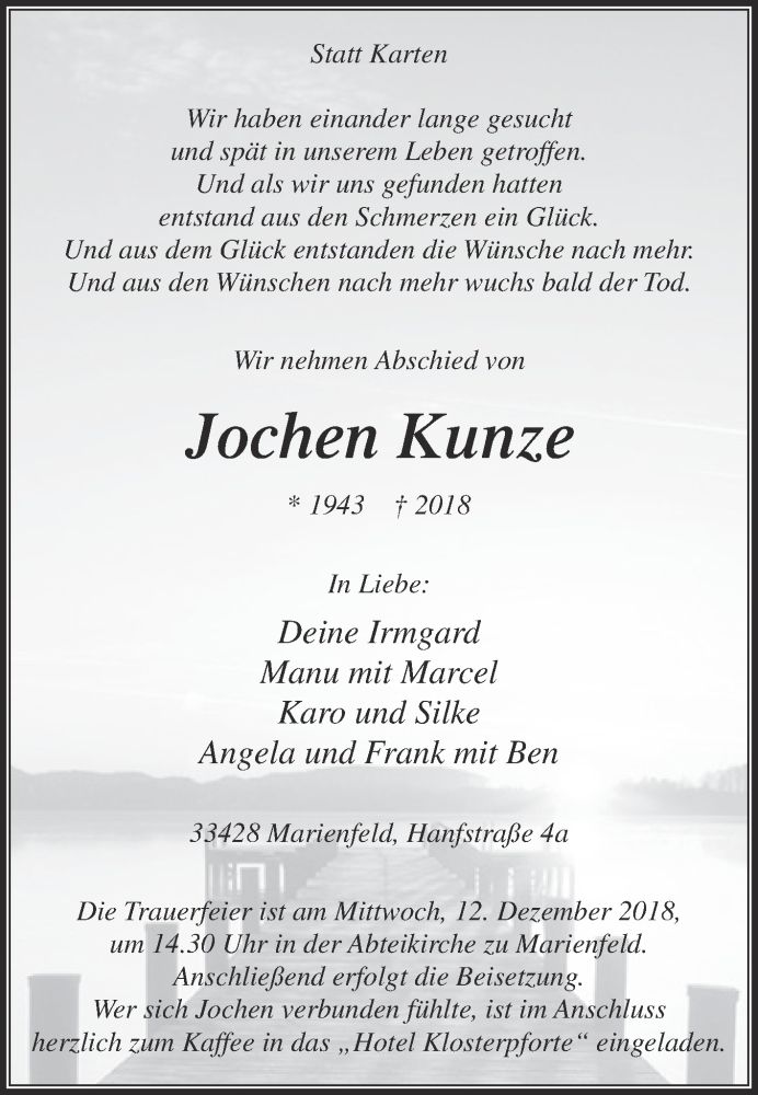  Traueranzeige für Jochen Kunze vom 10.12.2018 aus Die Glocke