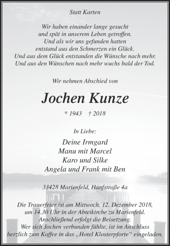 Traueranzeige von Jochen Kunze von Die Glocke