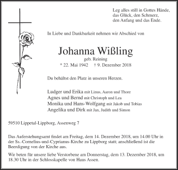 Traueranzeige von Johanna Wißling von Die Glocke