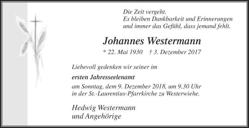  Traueranzeige für Johannes Westermann vom 01.12.2018 aus Die Glocke