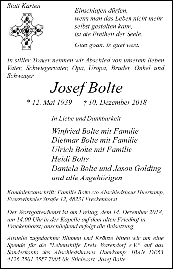 Traueranzeige von Josef Bolte von Die Glocke