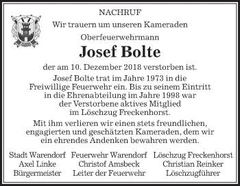 Traueranzeige von Josef Bolte von Die Glocke