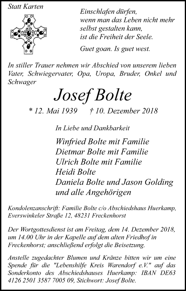  Traueranzeige für Josef Bolte vom 13.12.2018 aus Die Glocke