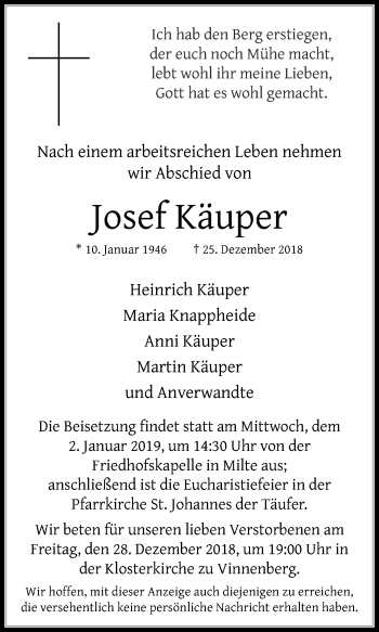 Traueranzeige von Josef Käuper von Die Glocke