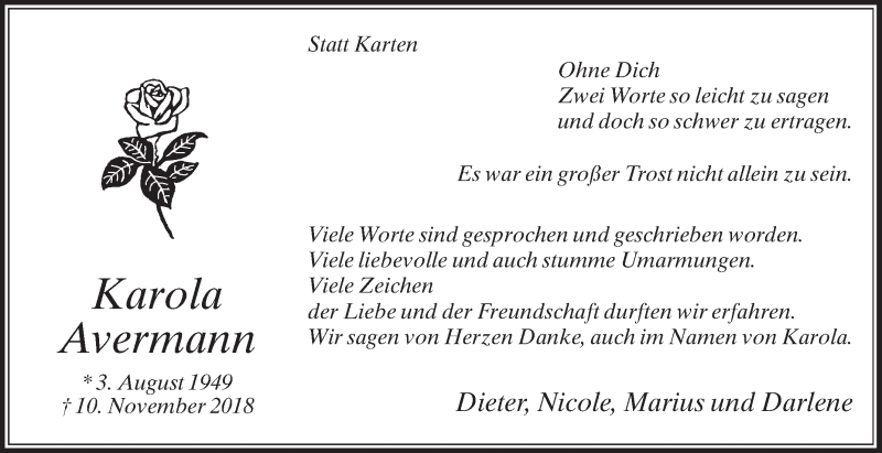  Traueranzeige für Karola Avermann vom 29.12.2018 aus Die Glocke