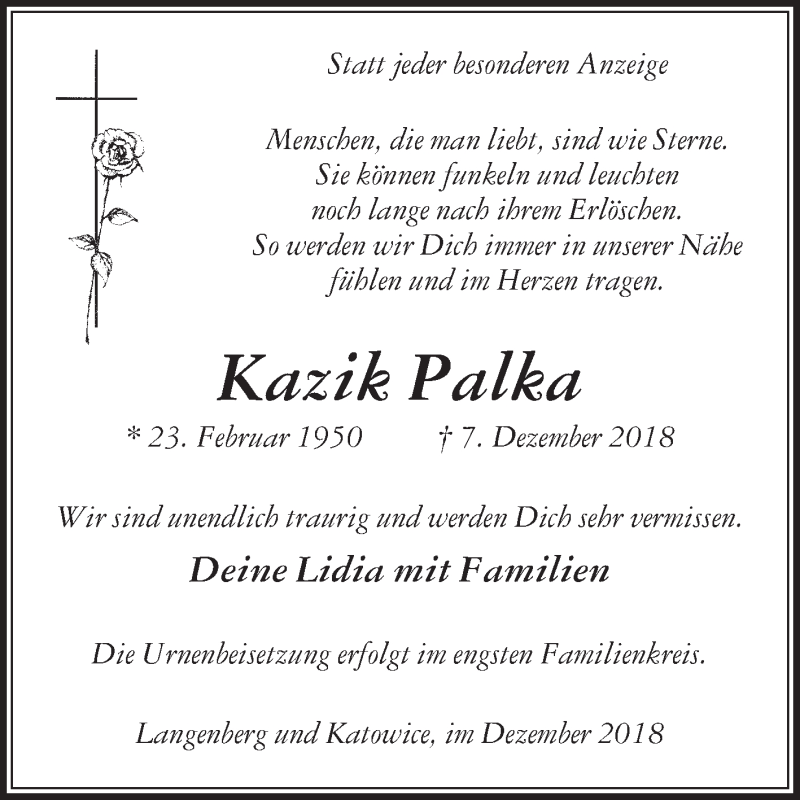  Traueranzeige für Kazik Palka vom 15.12.2018 aus Die Glocke