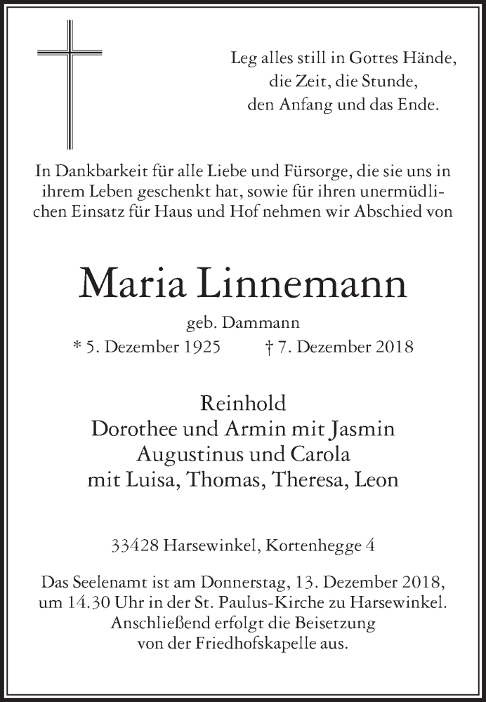  Traueranzeige für Maria Linnemann vom 11.12.2018 aus Die Glocke