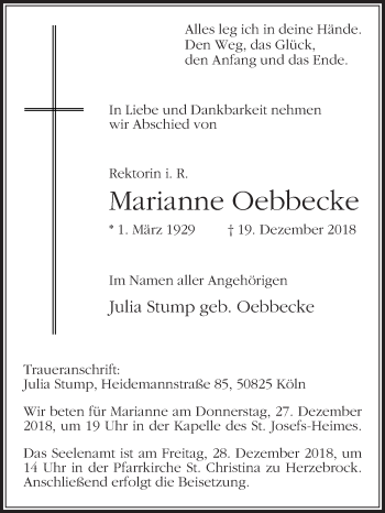 Traueranzeige von Marianne Oebbecke von Die Glocke