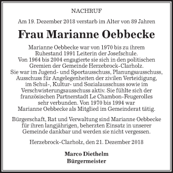 Traueranzeige von Marianne Oebbecke von Die Glocke