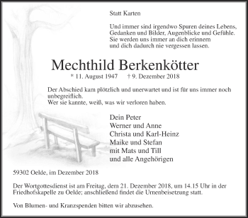 Traueranzeige von Mechthild Berkenkötter von Die Glocke