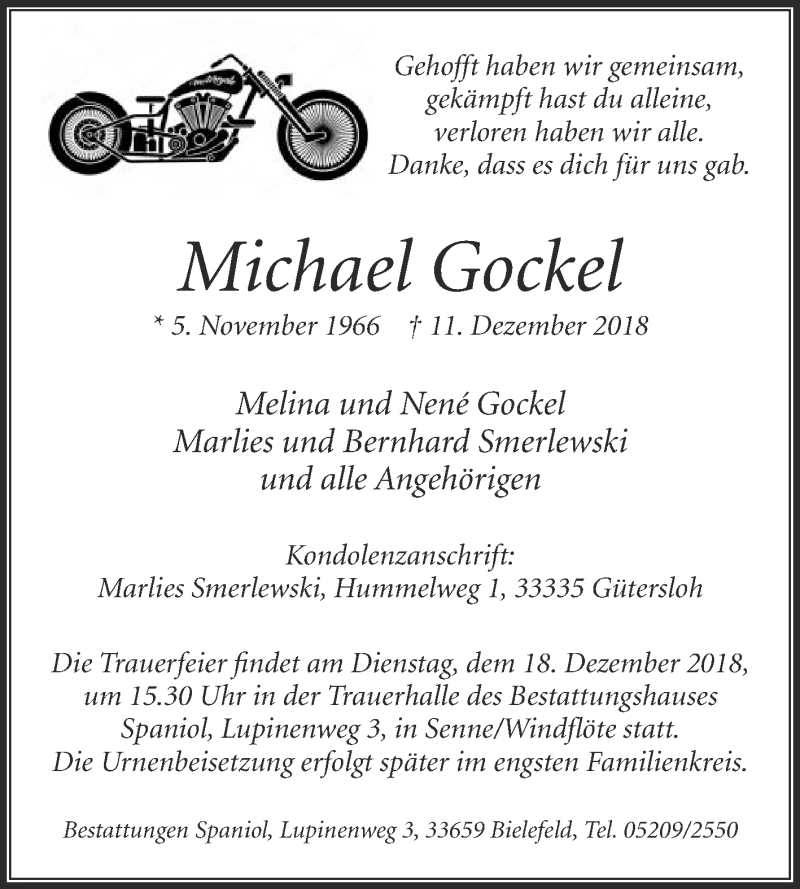 Traueranzeige für Michael Gockel vom 15.12.2018 aus Die Glocke