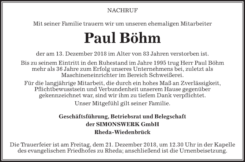  Traueranzeige für Paul Böhm vom 21.12.2018 aus Die Glocke