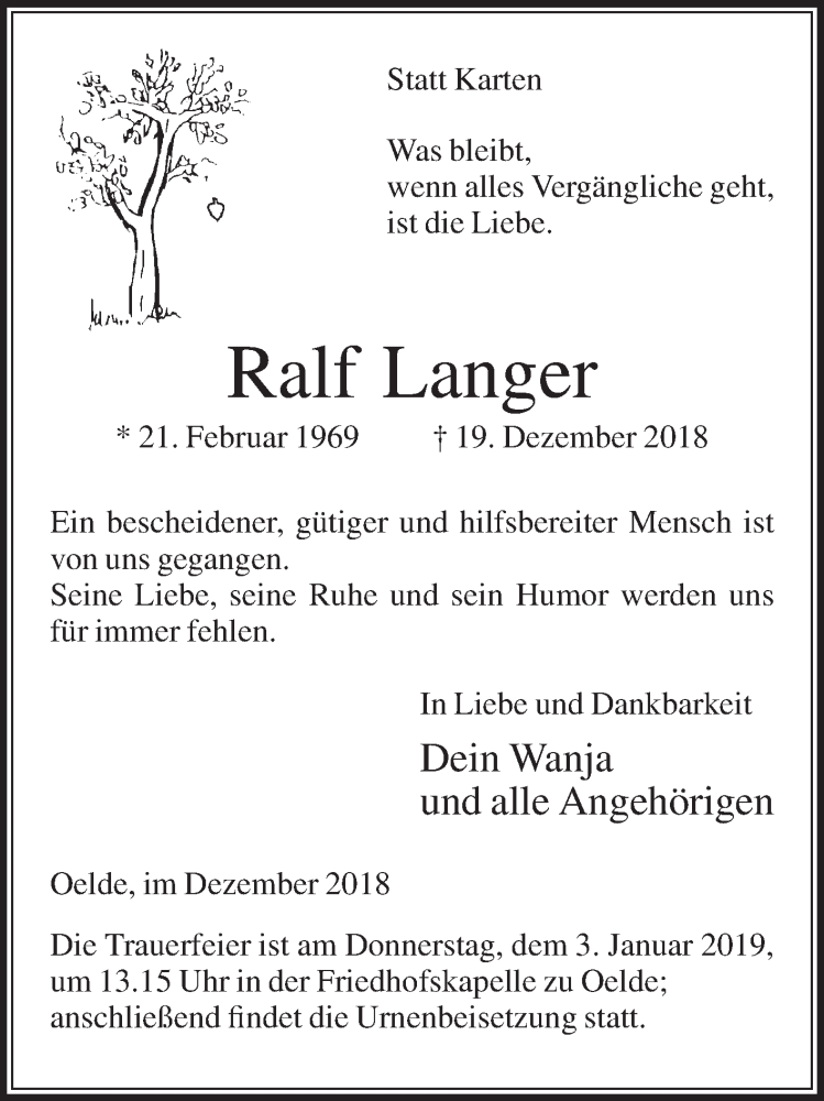  Traueranzeige für Ralf Langer vom 27.12.2018 aus Die Glocke