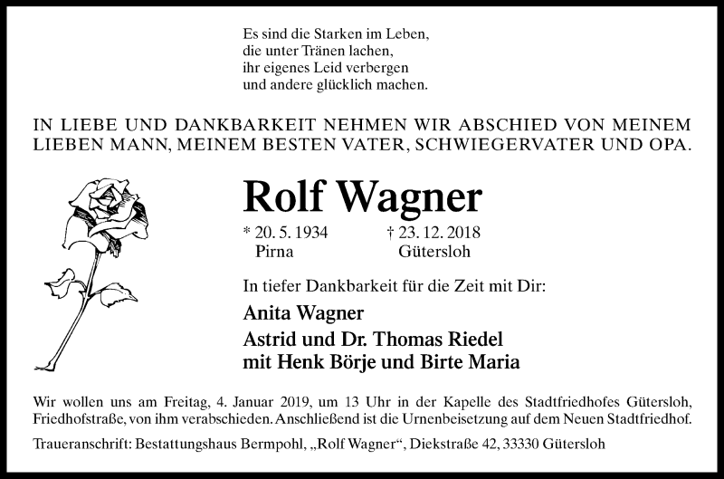  Traueranzeige für Rolf Wagner vom 31.12.2018 aus Die Glocke