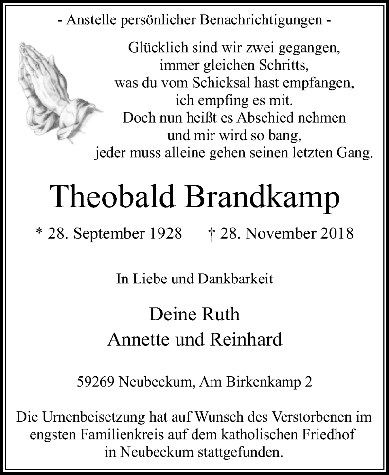  Traueranzeige für Theobald Brandkamp vom 08.12.2018 aus Die Glocke
