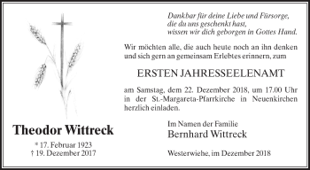 Traueranzeige von Theodor Wittreck von Die Glocke