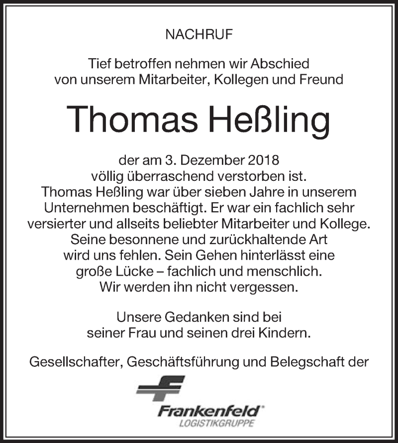  Traueranzeige für Thomas Heßling vom 12.12.2018 aus Die Glocke