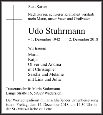 Traueranzeige von Udo Stuhrmann von Die Glocke