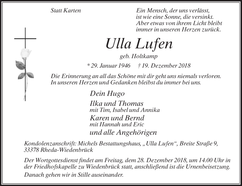  Traueranzeige für Ulla Lufen vom 22.12.2018 aus Die Glocke