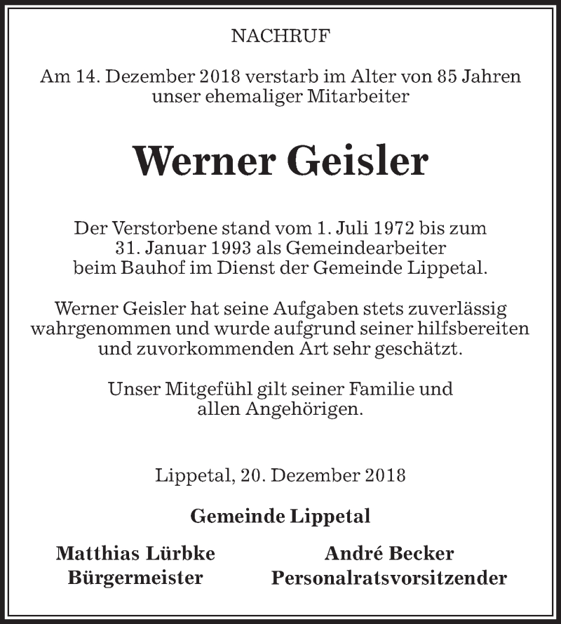  Traueranzeige für Werner Geisler vom 21.12.2018 aus Die Glocke