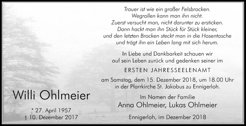  Traueranzeige für Willi Ohlmeier vom 13.12.2018 aus Die Glocke