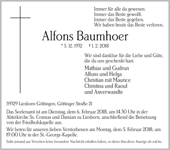 Traueranzeige von Alfons Baumhoer von Die Glocke