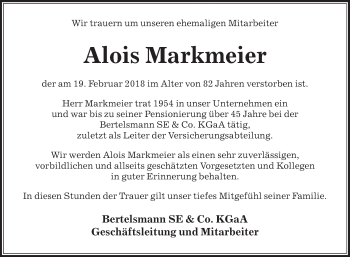Traueranzeige von Alois Markmeier von Die Glocke