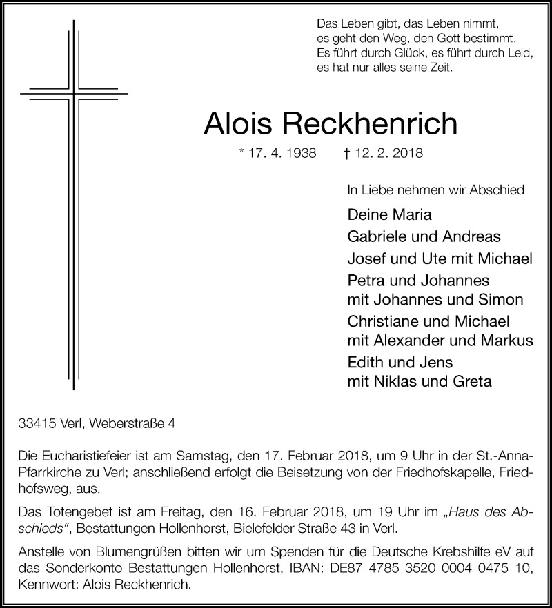  Traueranzeige für Alois Reckhenrich vom 14.02.2018 aus Die Glocke