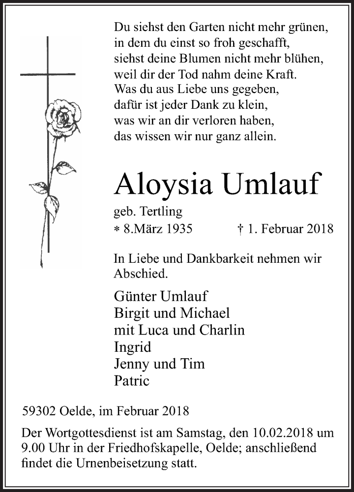  Traueranzeige für Aloysia Umlauf vom 06.02.2018 aus Die Glocke