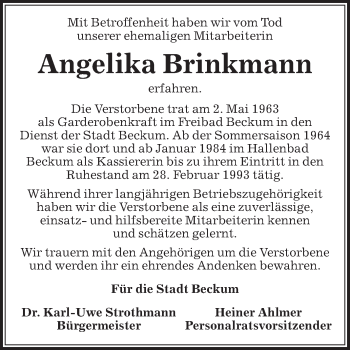 Traueranzeige von Angelika Brinkmann von Die Glocke