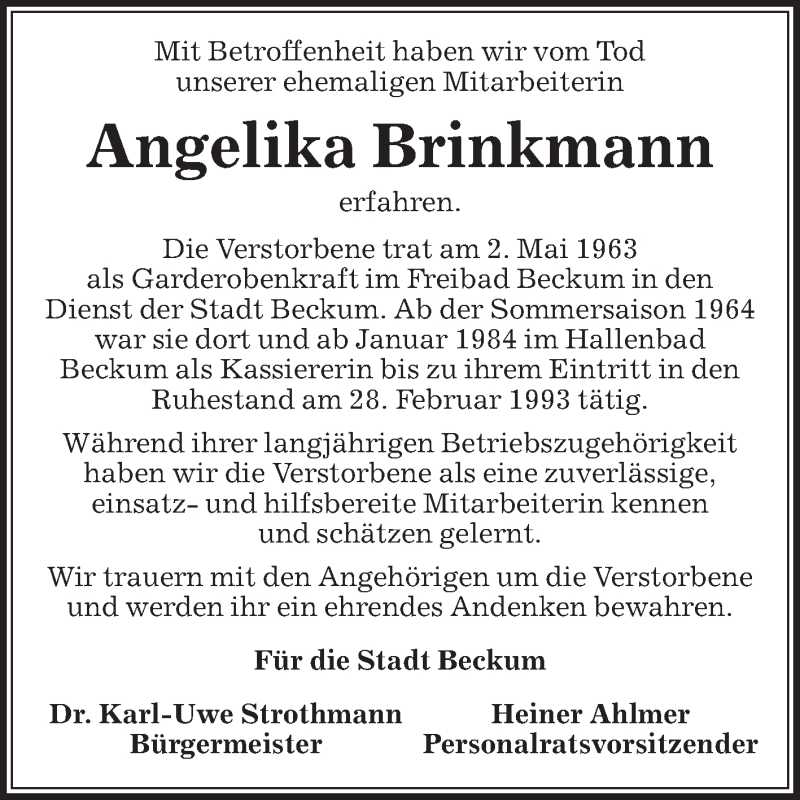  Traueranzeige für Angelika Brinkmann vom 27.02.2018 aus Die Glocke
