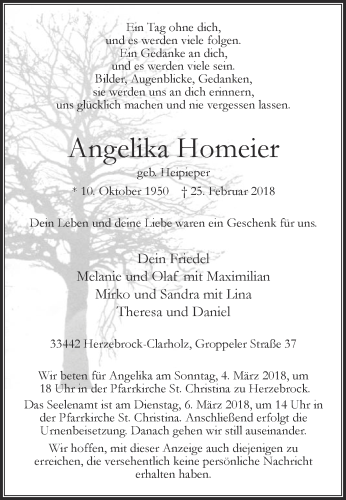  Traueranzeige für Angelika Homeier vom 28.02.2018 aus Die Glocke