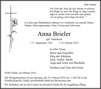 Traueranzeige von Anna Brieler von Die Glocke