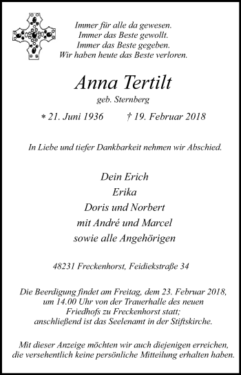 Traueranzeige von Anna Tertilt von Die Glocke