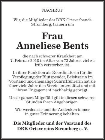 Traueranzeige von Anneliese Bents von Die Glocke