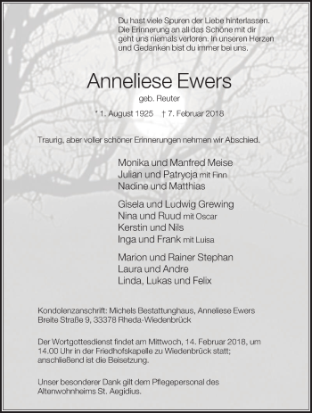 Traueranzeige von Anneliese Ewers von Die Glocke