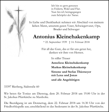 Traueranzeige von Antonius Kleinehakenkamp von Die Glocke