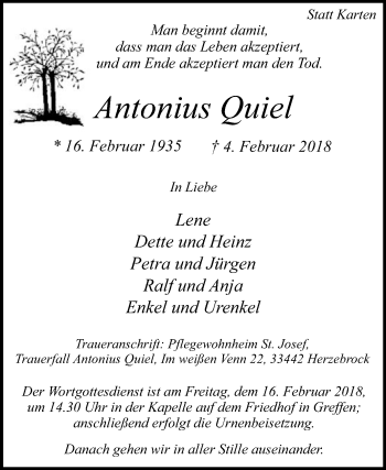 Traueranzeige von Antonius Quiel von Die Glocke