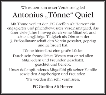 Traueranzeige von Antonius Tönne Quiel von Die Glocke