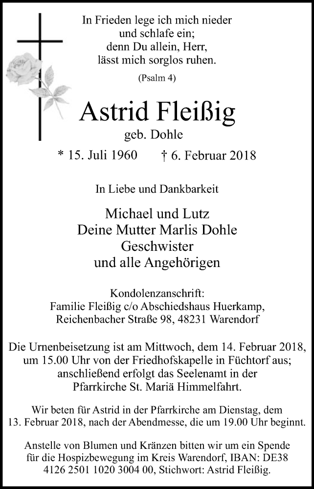  Traueranzeige für Astrid Fleißig vom 10.02.2018 aus Die Glocke