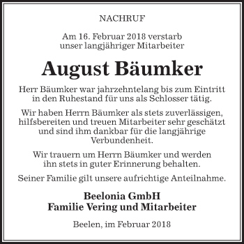 Traueranzeige von August Bäumker von Die Glocke