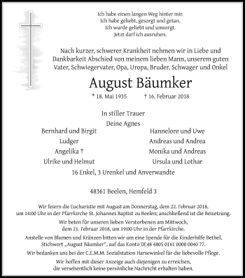 Traueranzeige von August Bäumker von Die Glocke