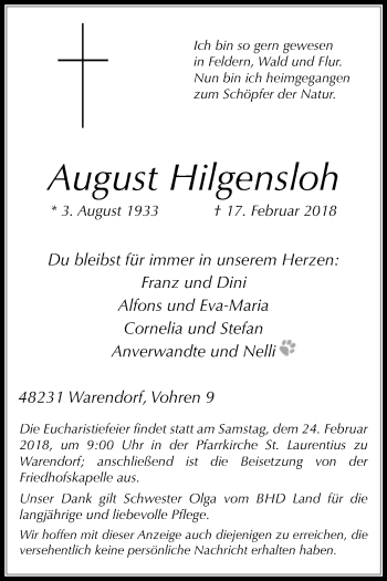 Traueranzeige von August Hilgensloh von Die Glocke