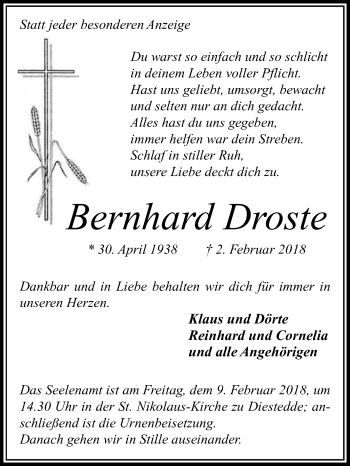 Traueranzeige von Bernhard Droste von Die Glocke